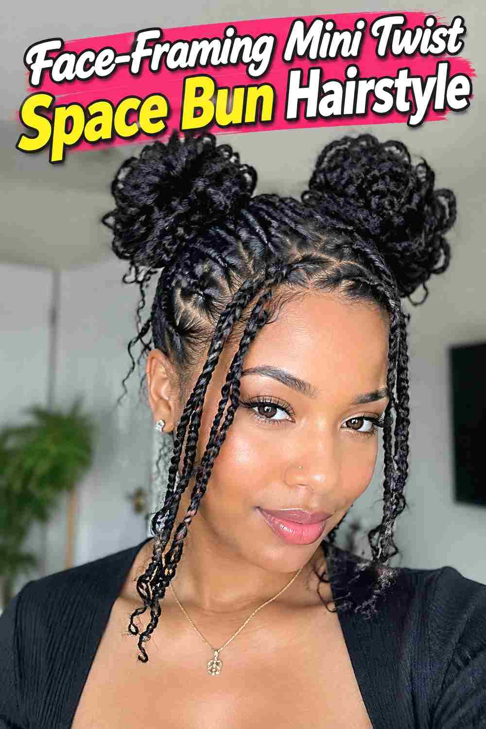 7. Face Framing Mini Twist Space Bun Hairstyle