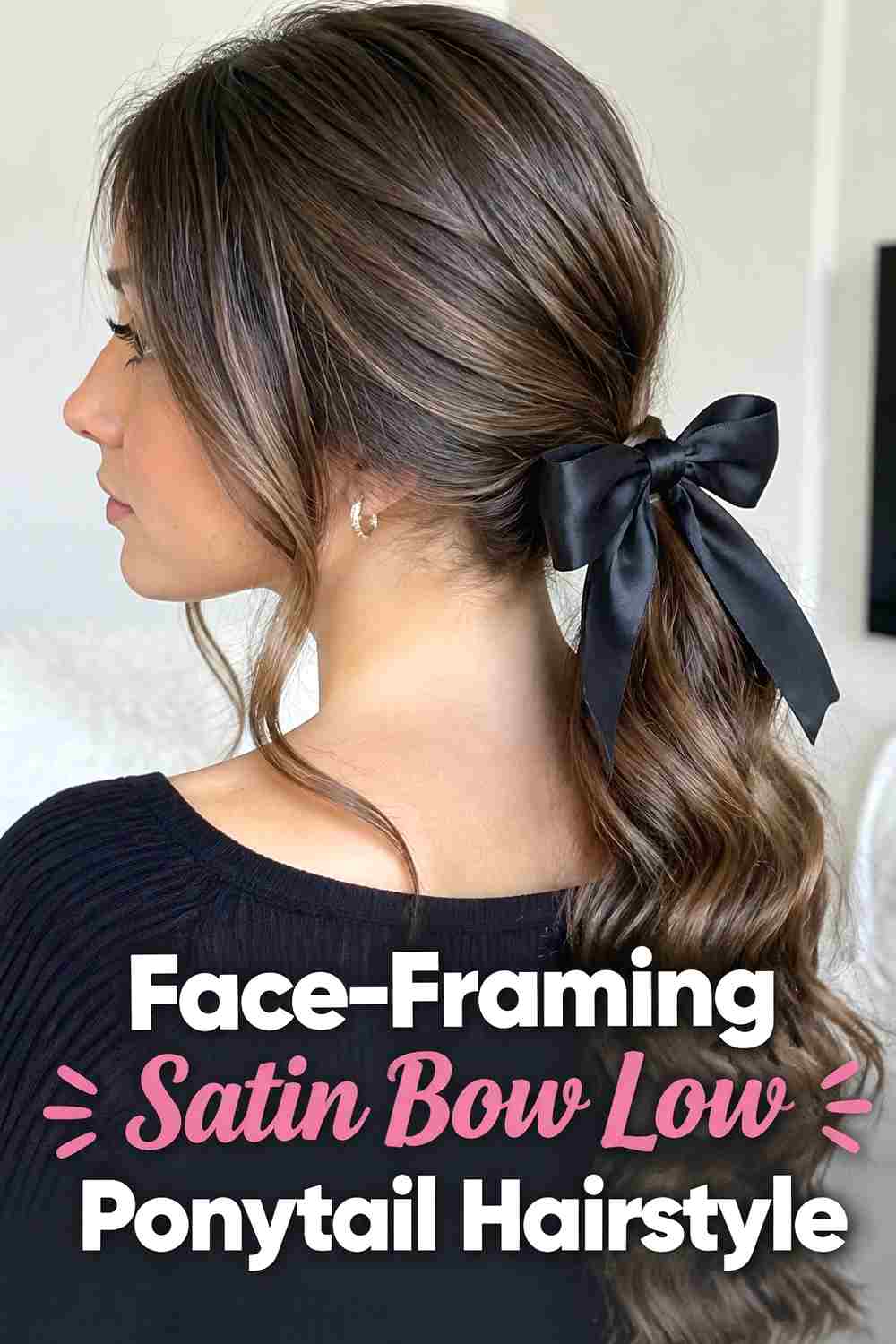 6. Face Framing Satin Bow Low Ponytail Hairstyle