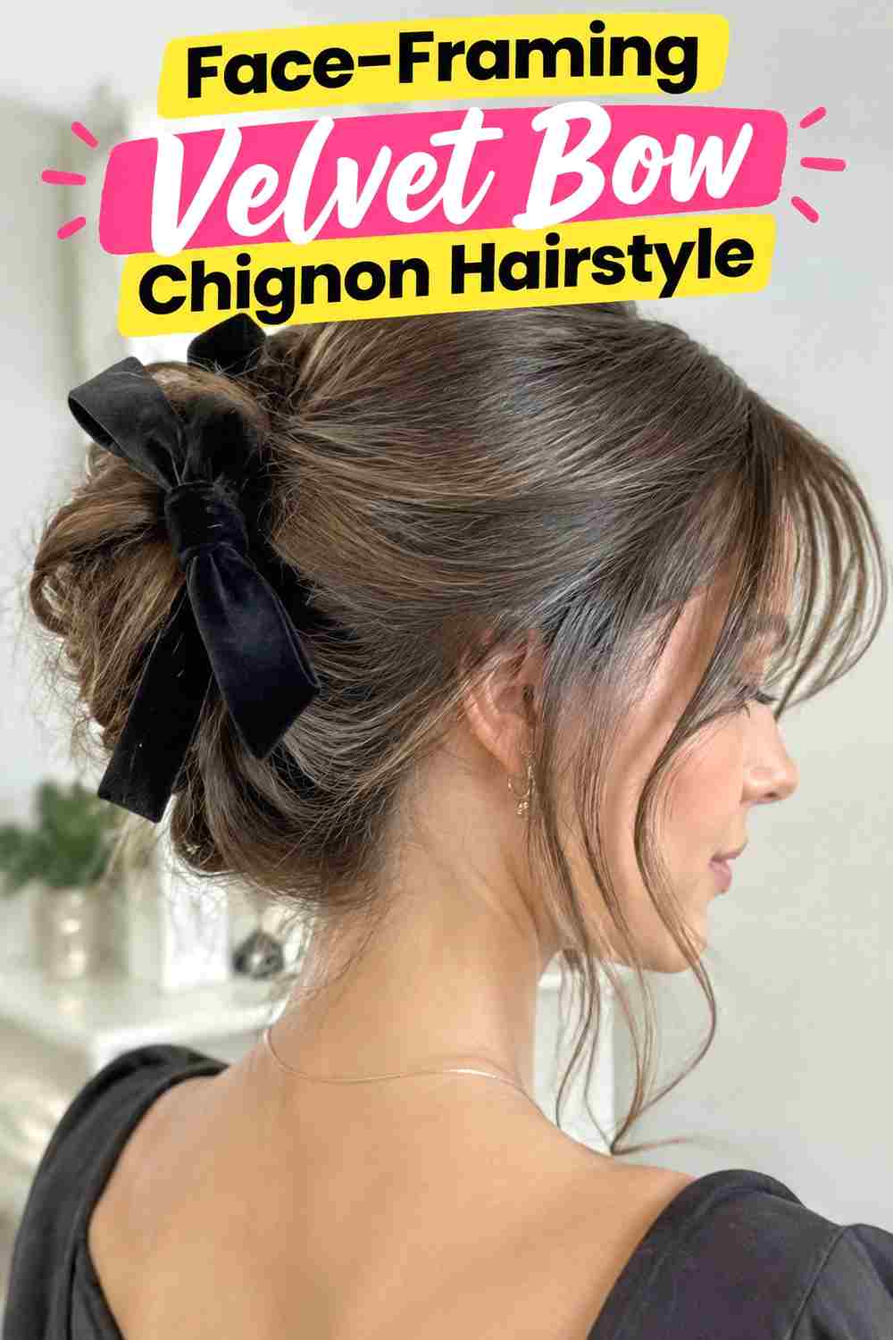 7. Face Framing Velvet Bow Chignon Hairstyle