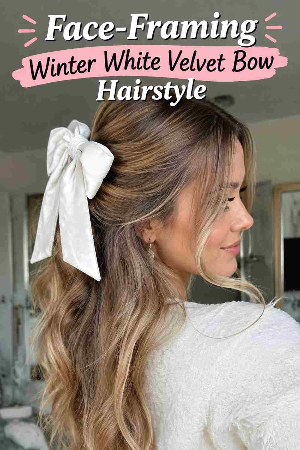 14. Face Framing Winter White Velvet Bow Hairstyle