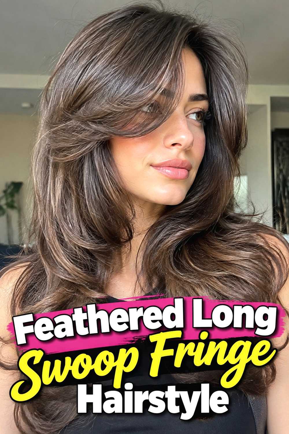6. Feathered Long Swoop Fringe Hairstyle