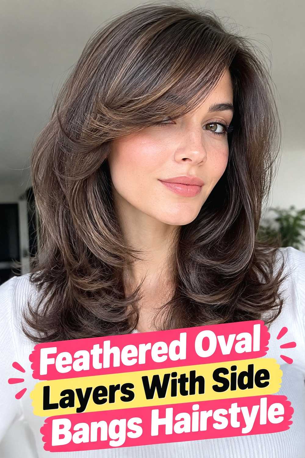 6. Feathered Oval Layers With Side Bangs Hairstyle