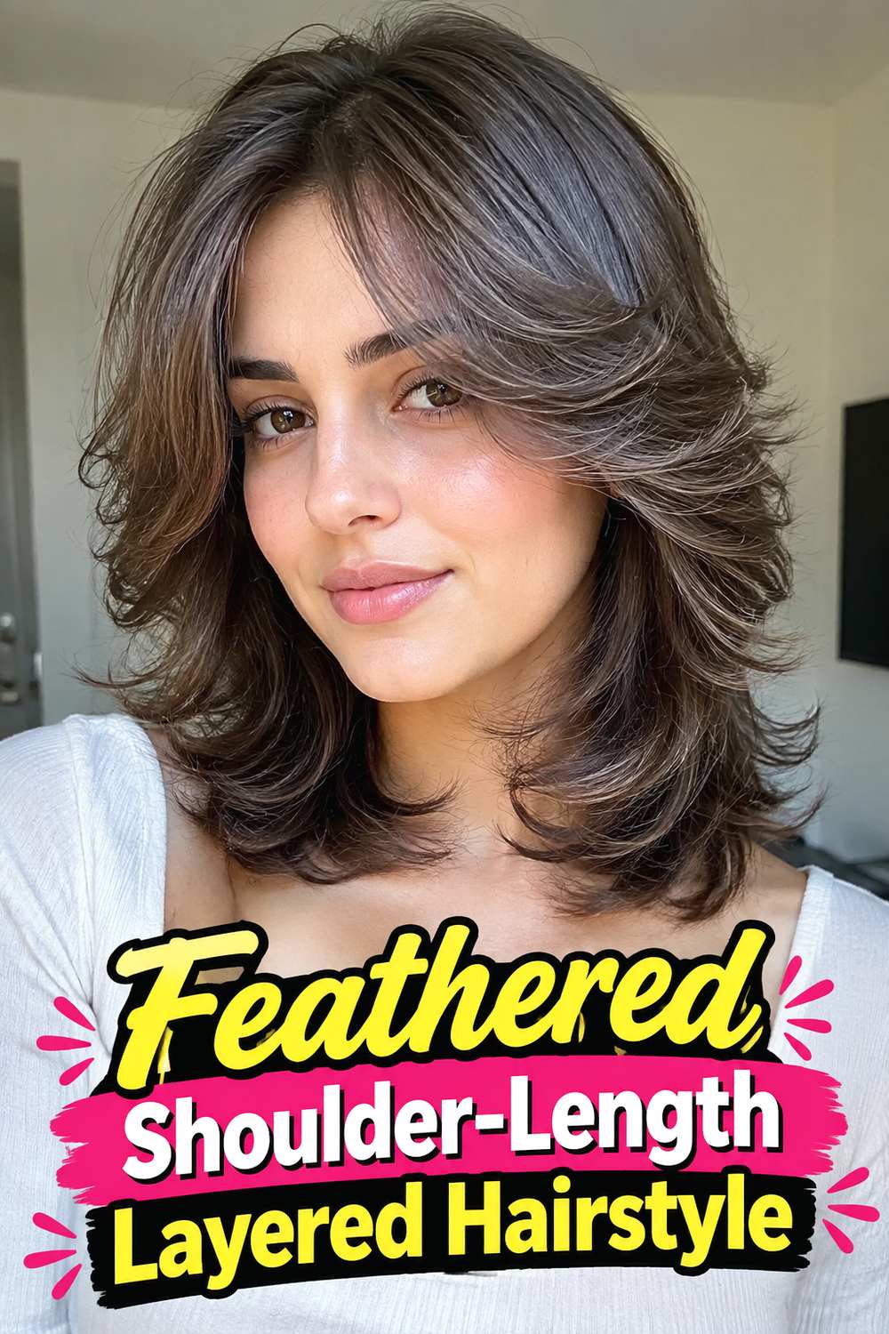 3. Feathered Shoulder Length Layered Hairstyle