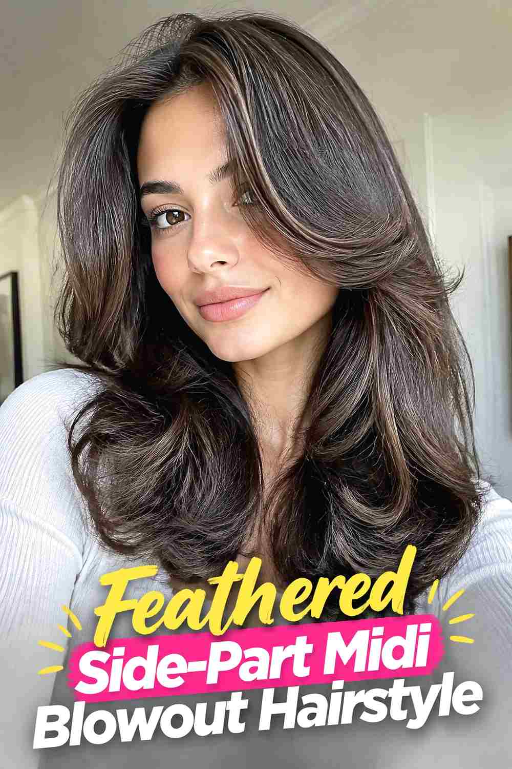 12. Feathered Side Part Midi Blowout Hairstyle