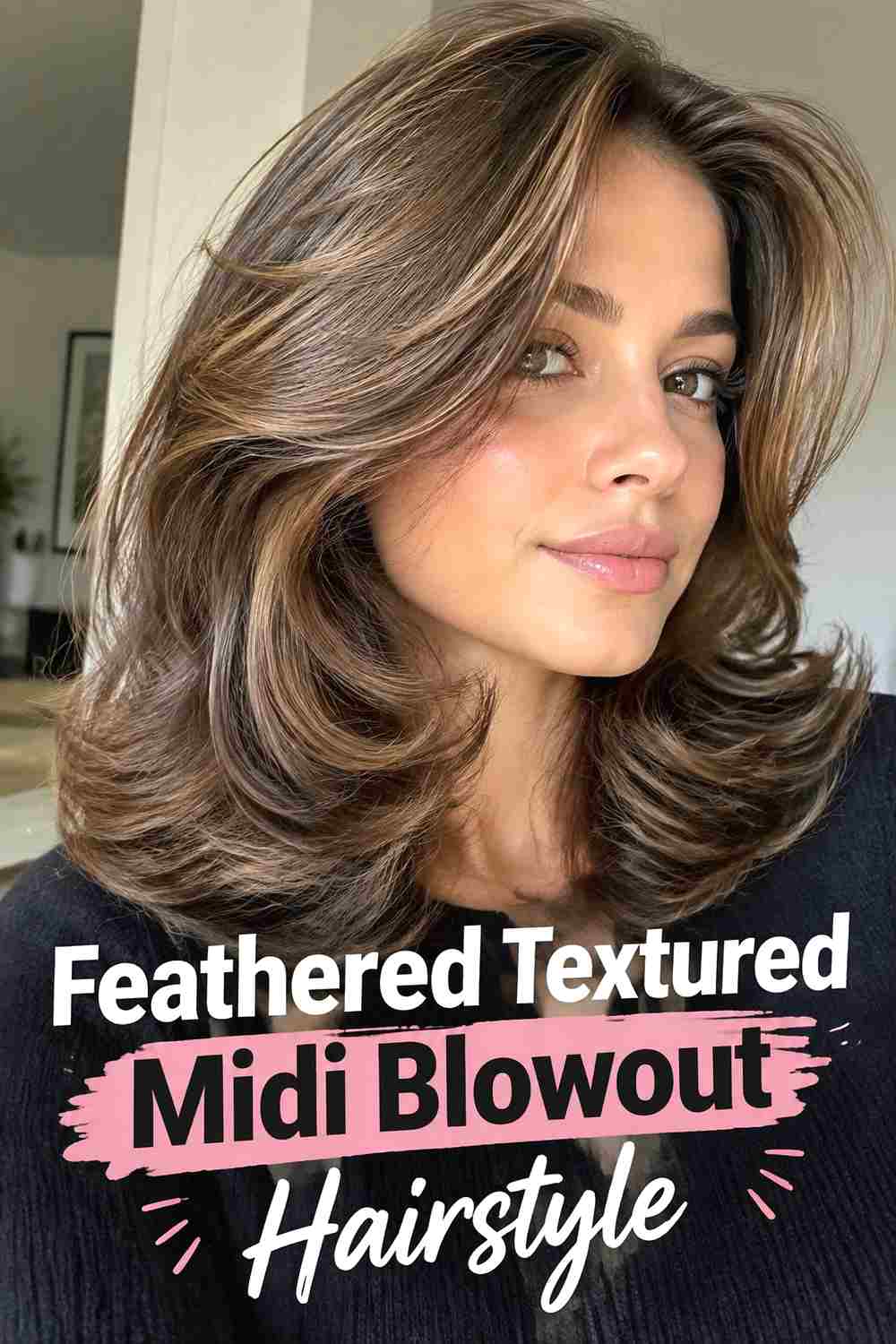 6. Feathered Textured Midi Blowout Hairstyle