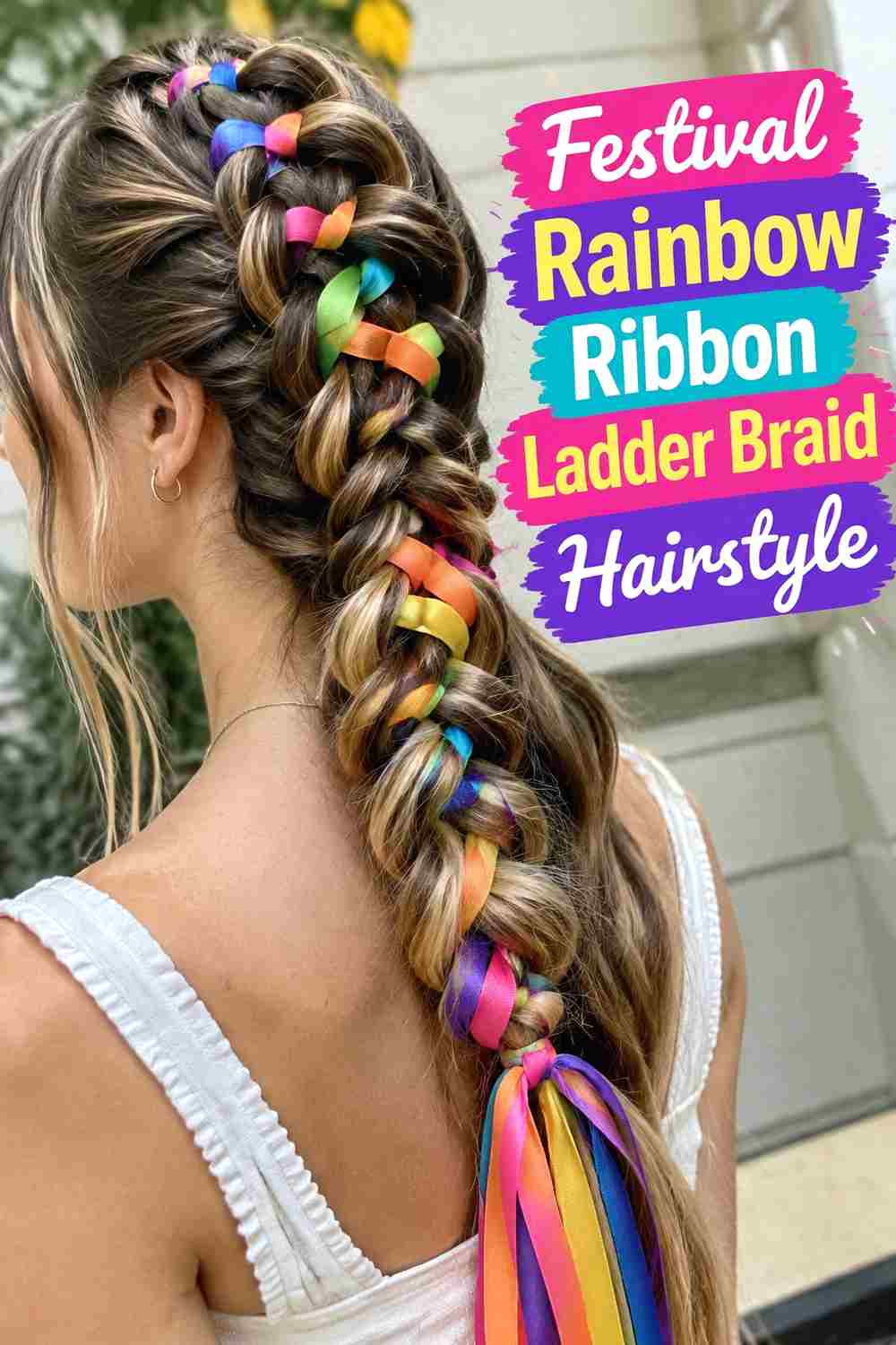 10. Festival Rainbow Ribbon Ladder Braid Hairstyle