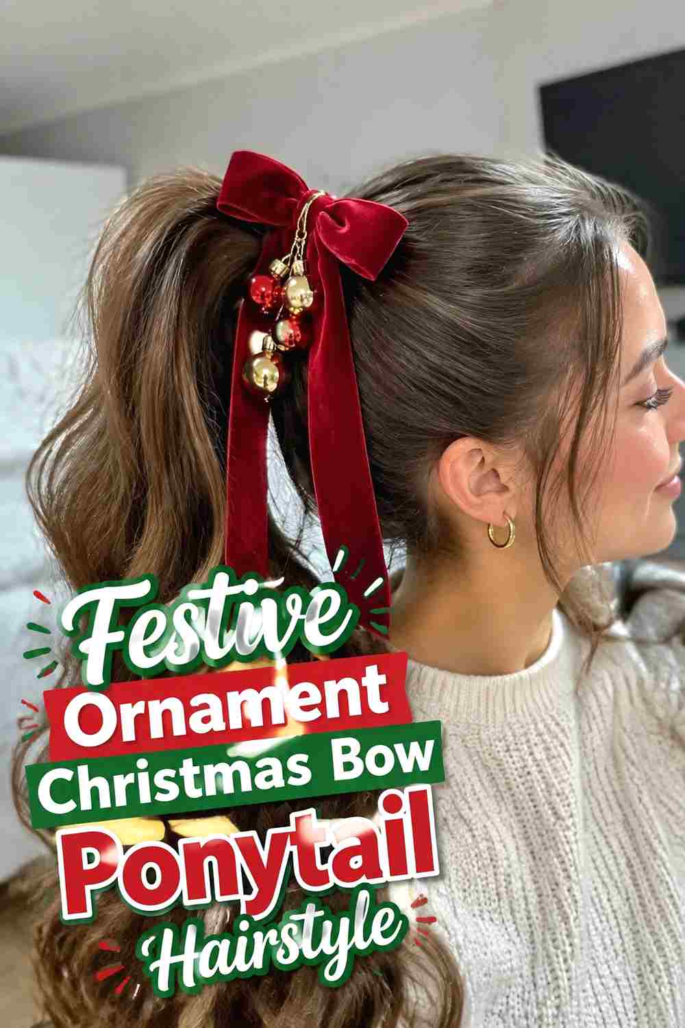 17. Festive Ornament Christmas Bow Ponytail Hairstyle