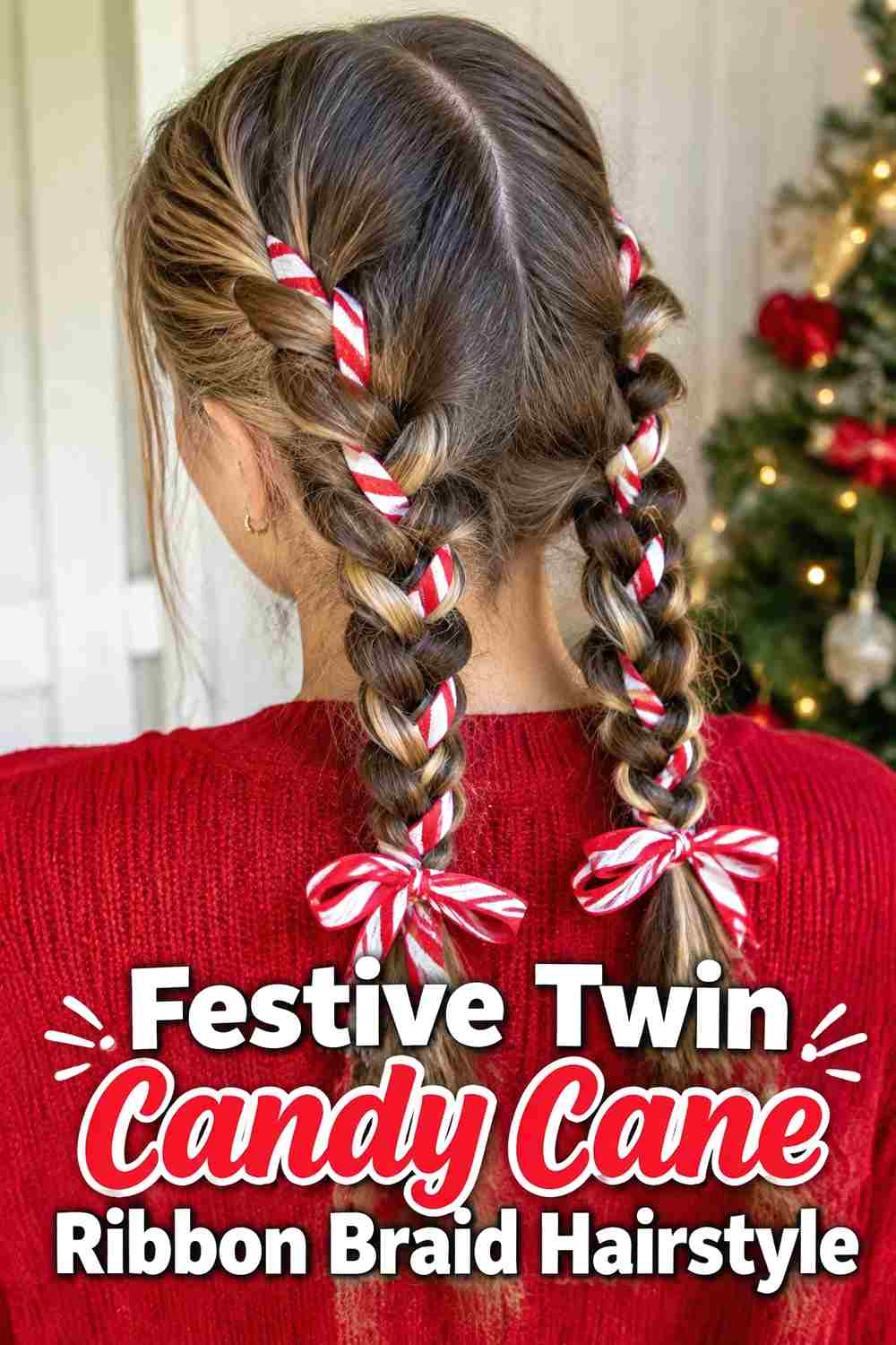 16. Festive Twin Candy Cane Ribbon Braid Hairstyle