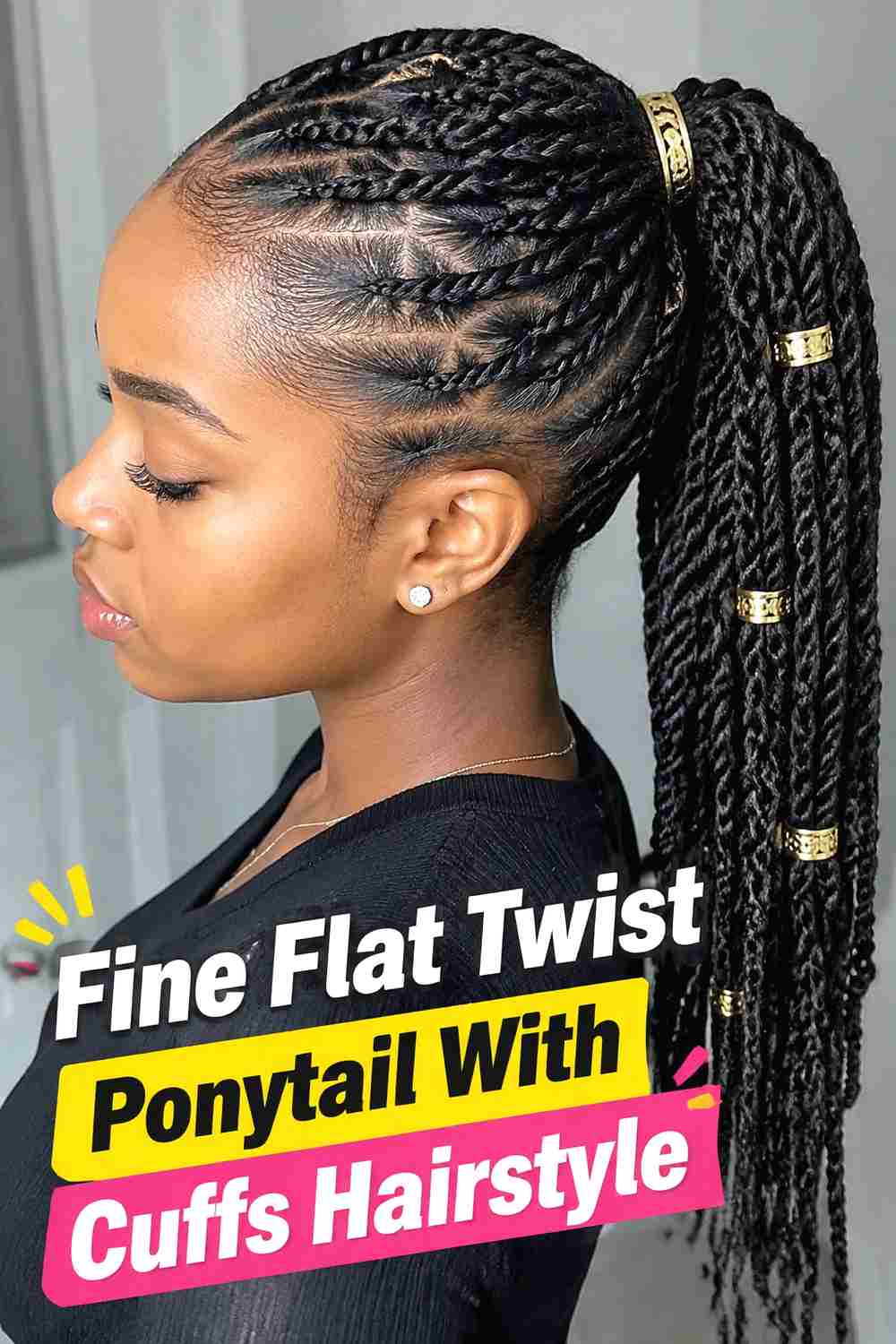 9. Fine Flat Twist Ponytail With Cuffs Hairstyle