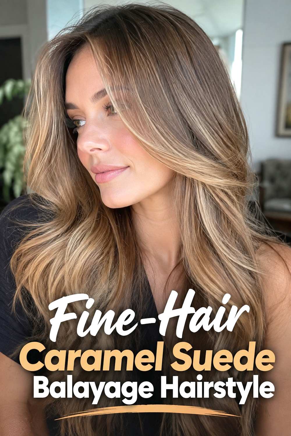 8. Fine Hair Caramel Suede Balayage Hairstyle