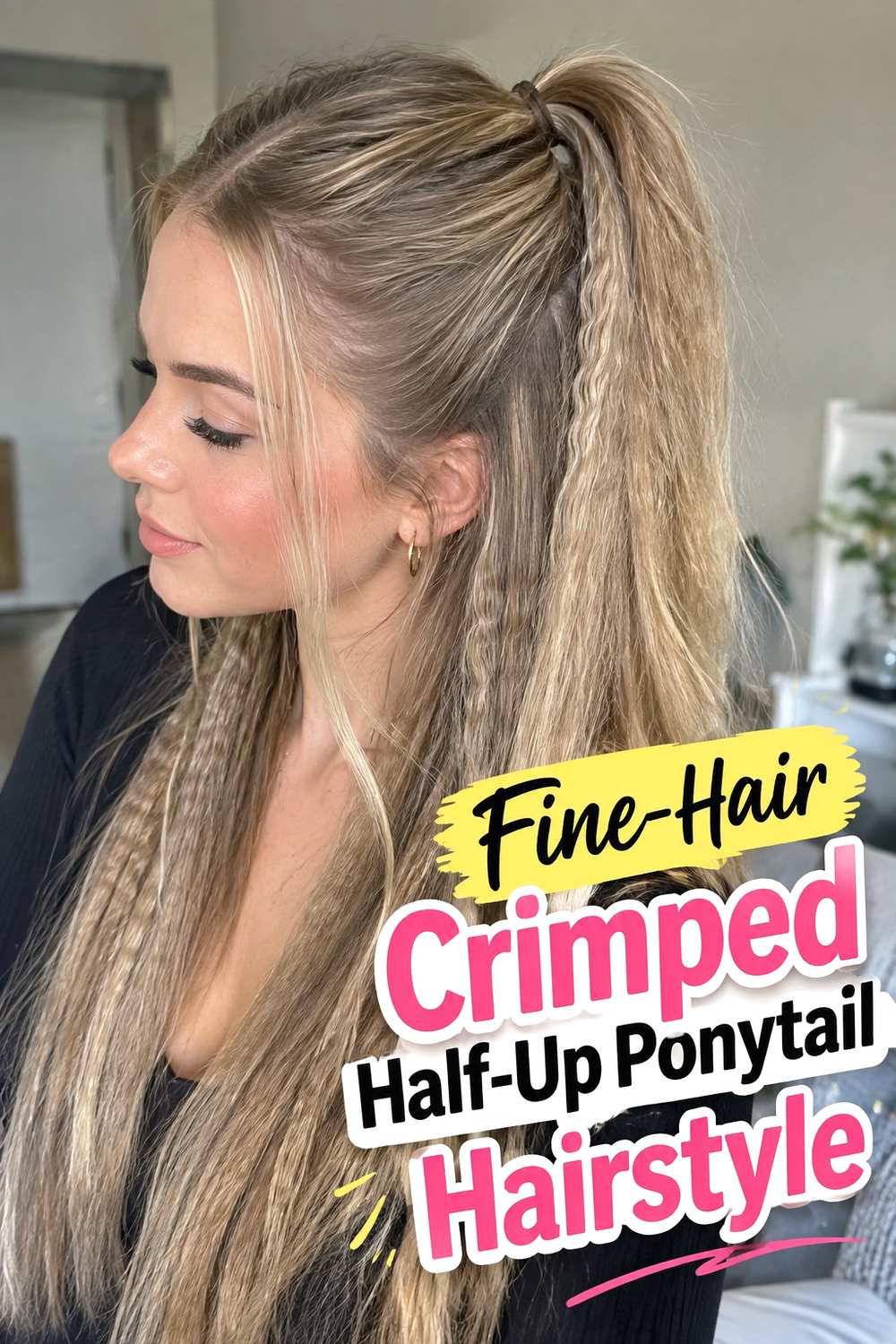 Fine-Hair Crimped Half-Up Ponytail Hairstyle
