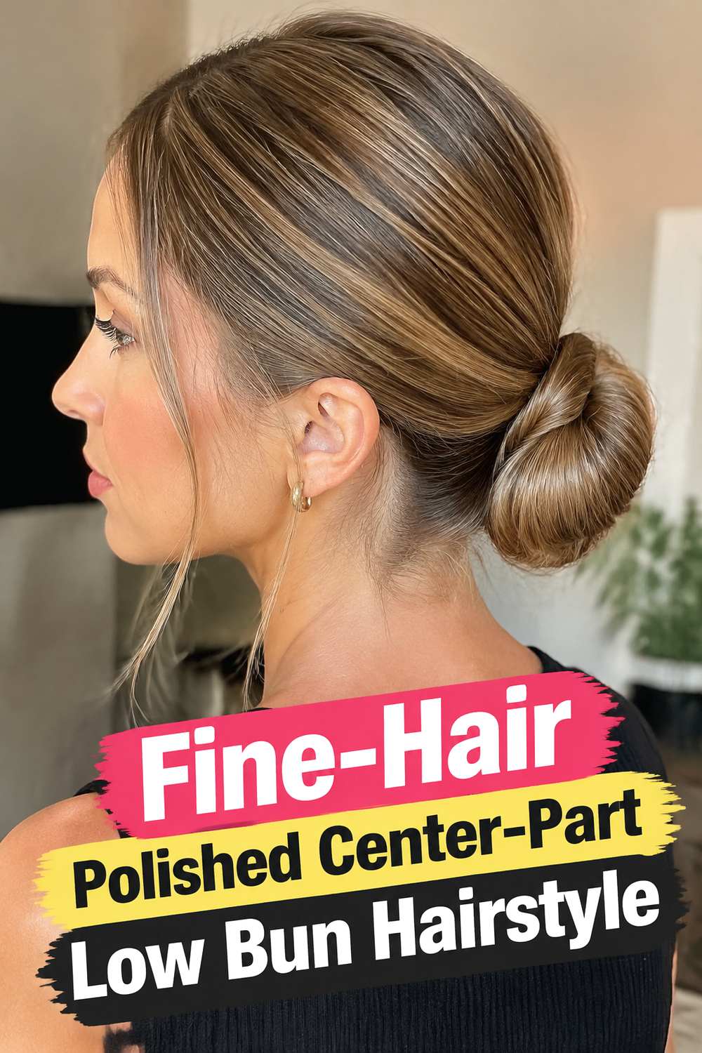 Fine-Hair Polished Center-Part Low Bun Hairstyle