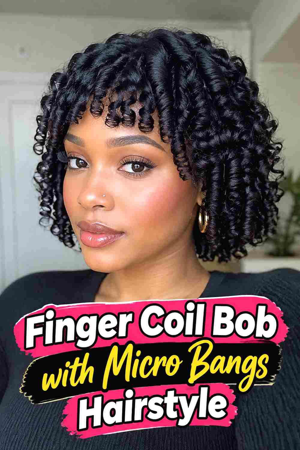 12. Finger Coil Bob With Micro Bangs Hairstyle