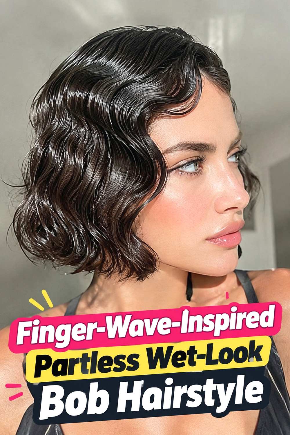 15. Finger Wave Inspired Partless Wet Look Bob Hairstyle