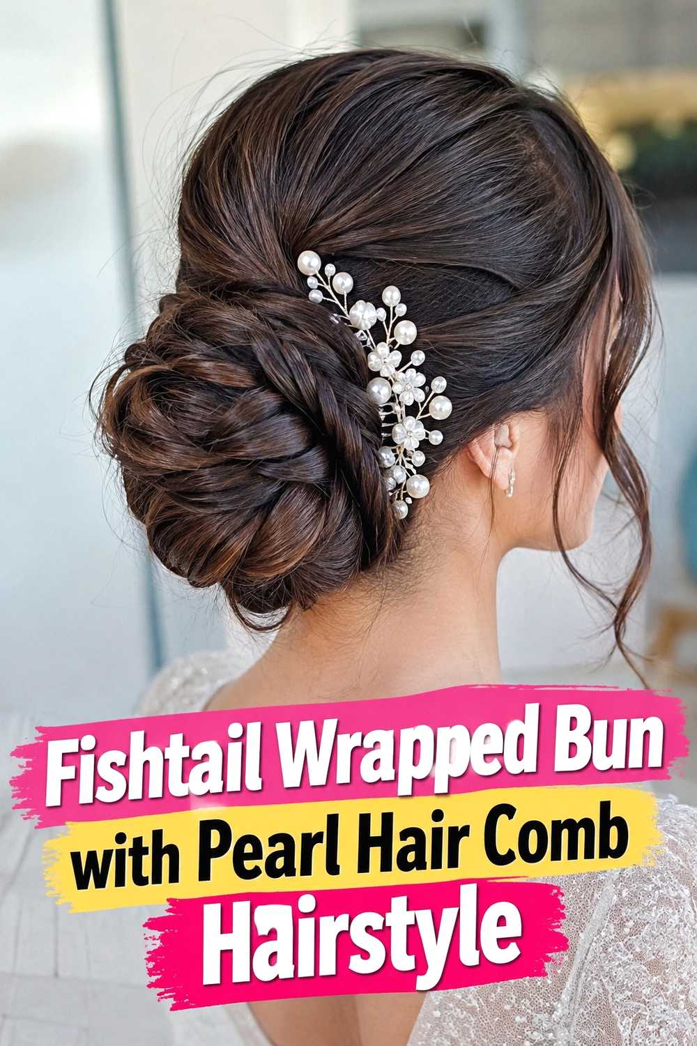17. Fishtail Wrapped Bun With Pearl Hair Comb Hairstyle