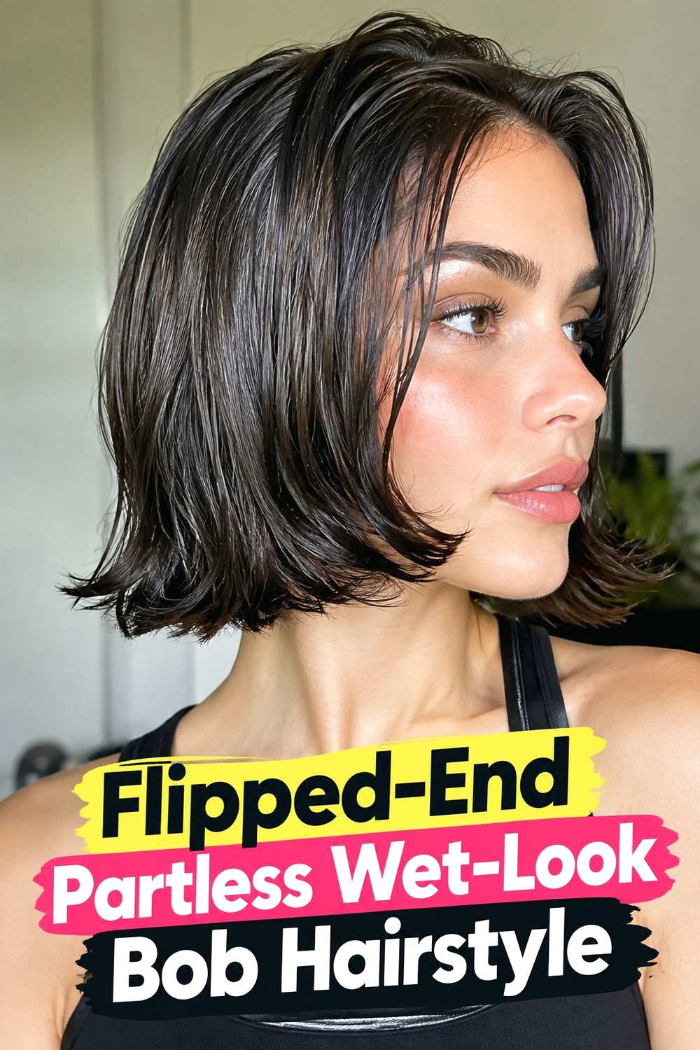 16. Flipped End Partless Wet Look Bob Hairstyle