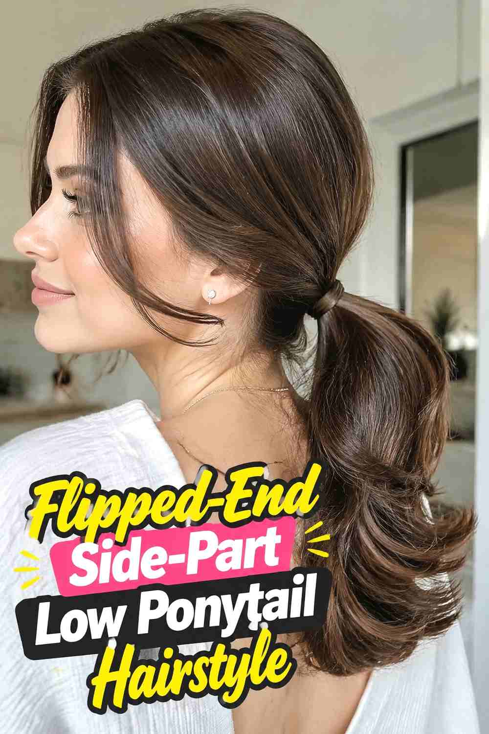 6. Flipped End Side Part Low Ponytail Hairstyle