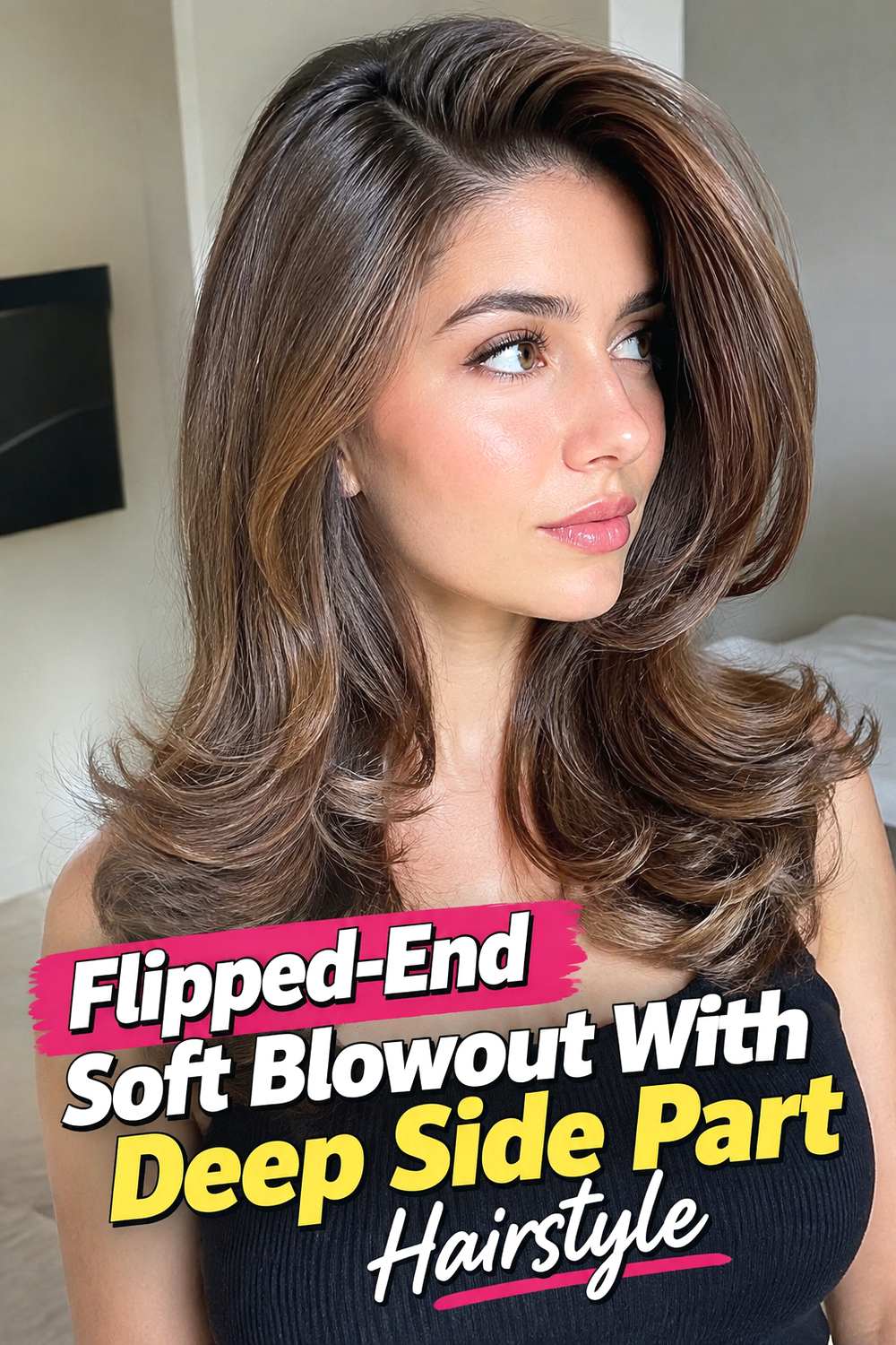 Flipped-End Soft Blowout With Deep Side Part Hairstyle