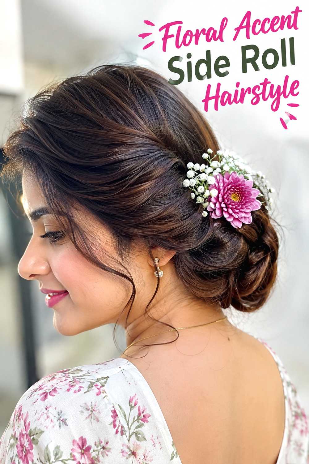 11. Floral Accent Side Roll Hairstyle