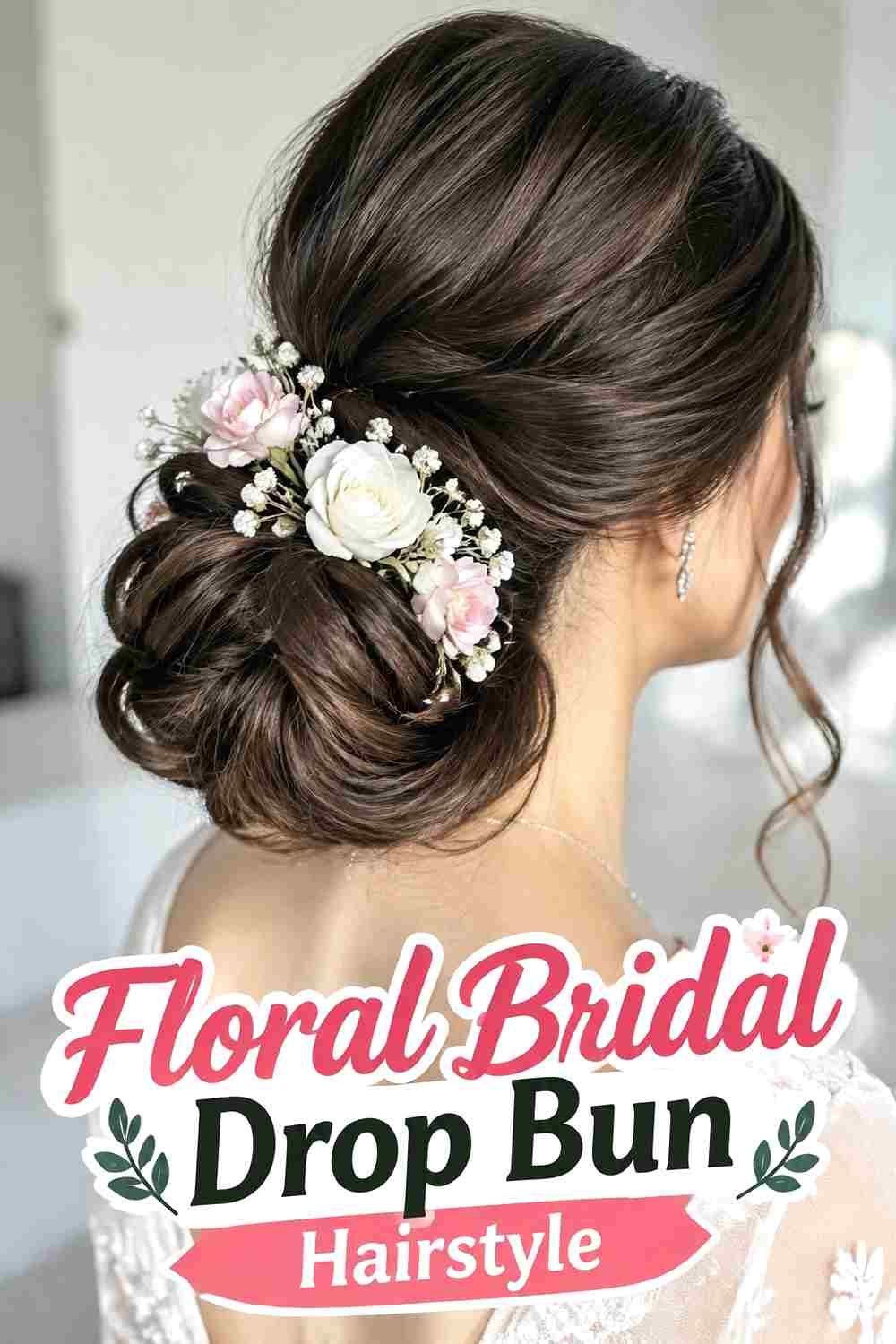 17. Floral Bridal Drop Bun Hairstyle