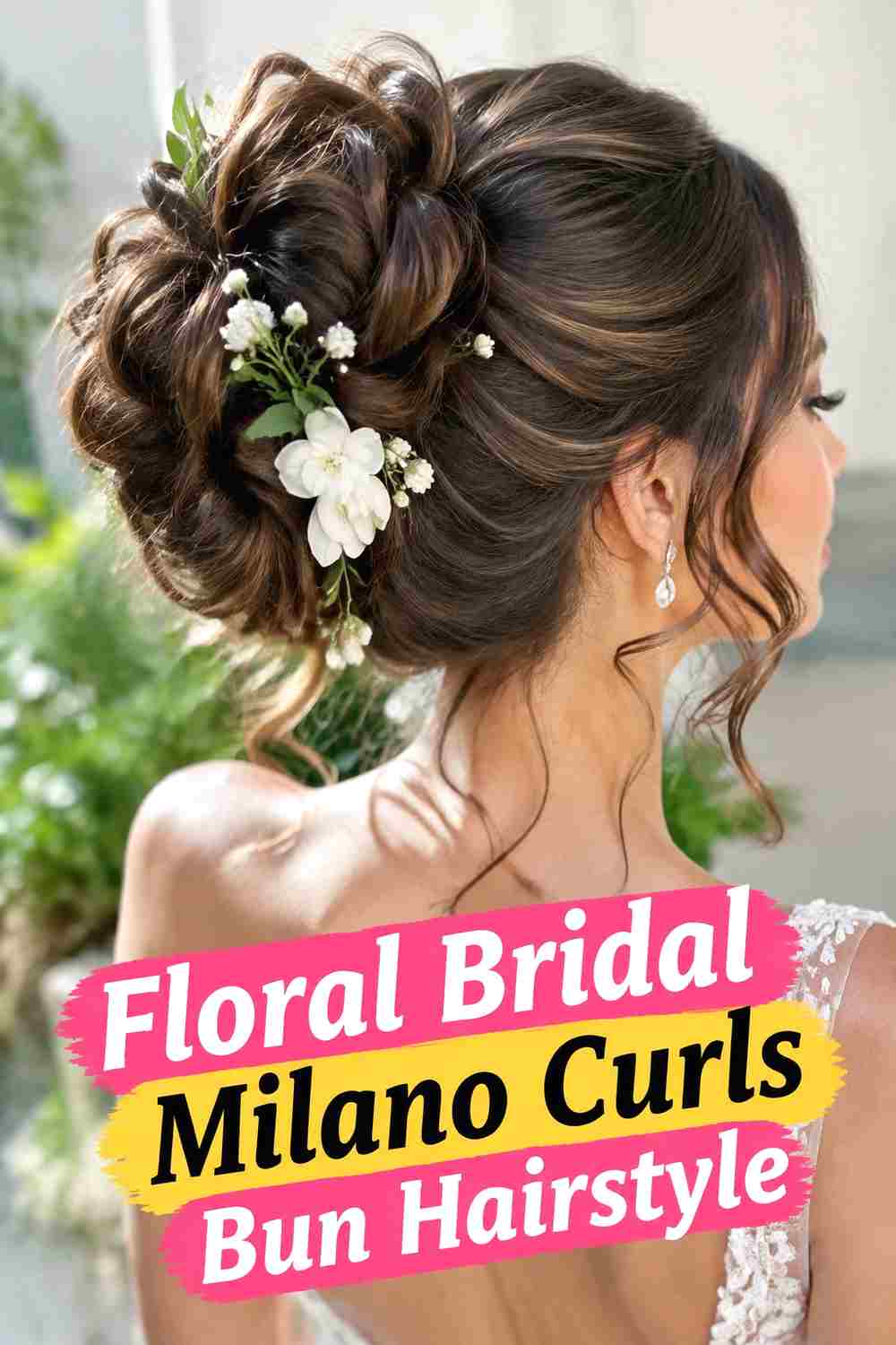 11. Floral Bridal Milano Curls Bun Hairstyle