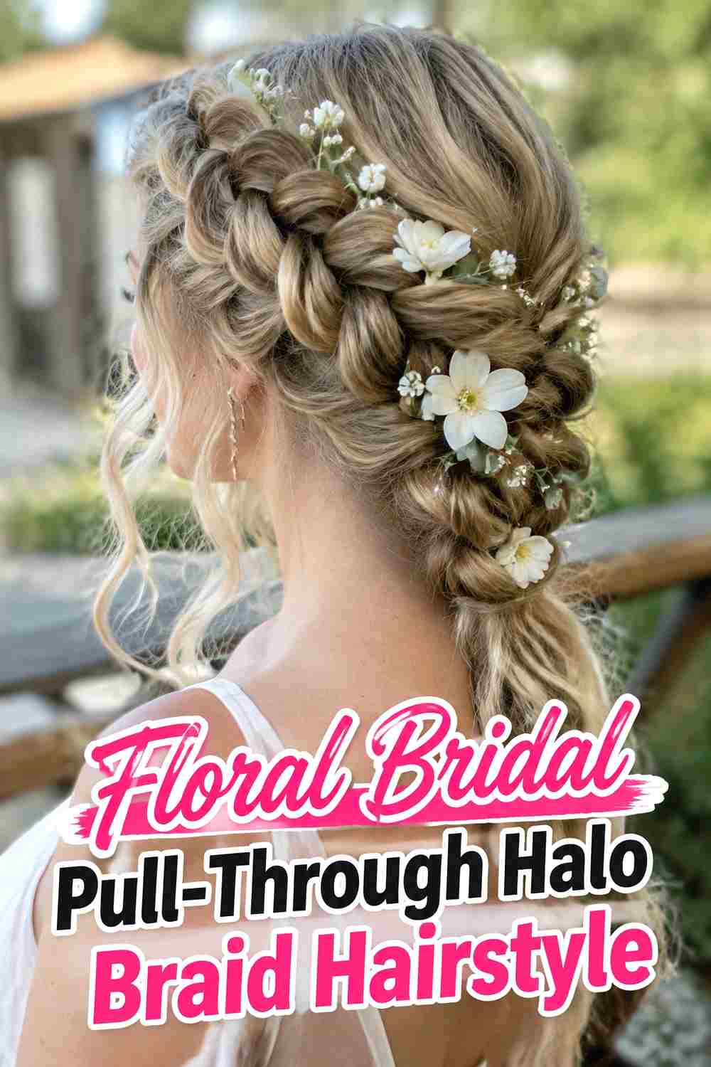 11. Floral Bridal Pull Through Halo Braid Hairstyle