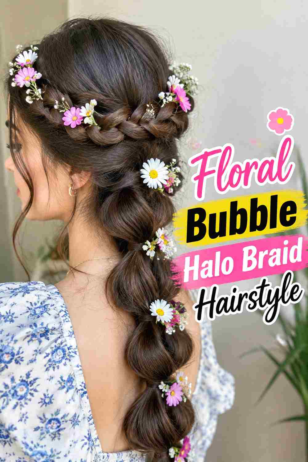 9. Floral Bubble Halo Braid Hairstyle
