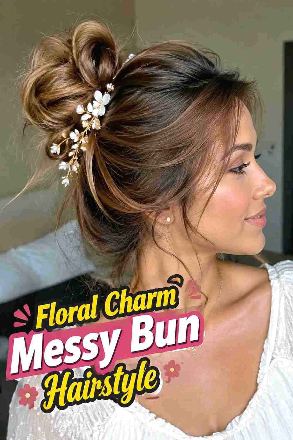 6. Floral Charm Messy Bun Hairstyle