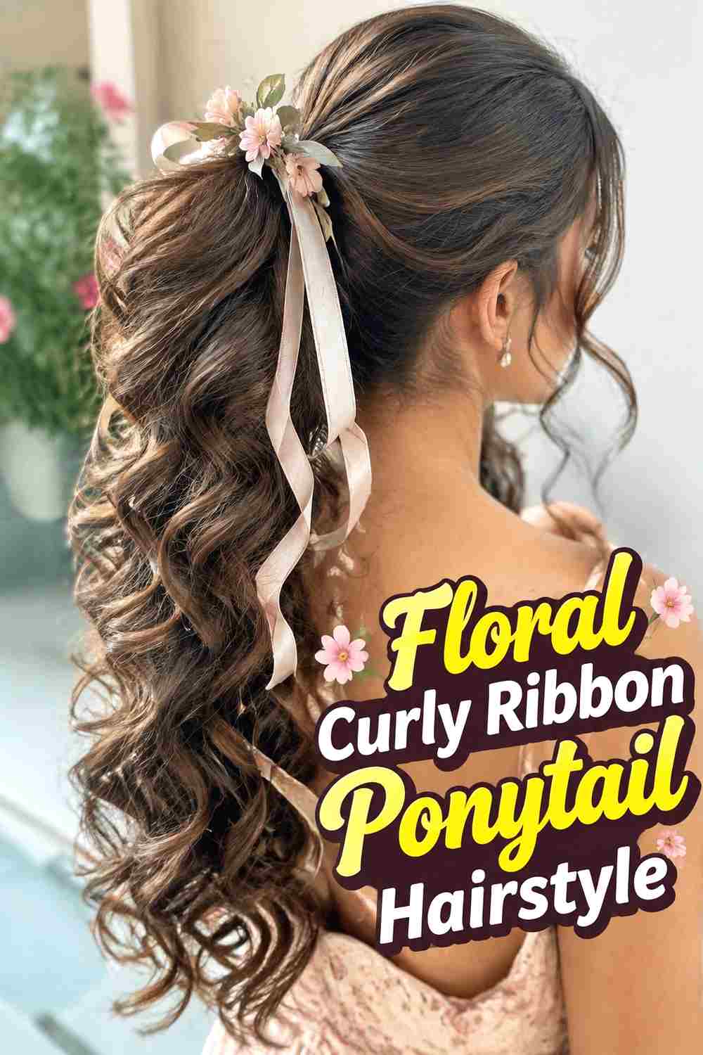11. Floral Curly Ribbon Ponytail Hairstyle