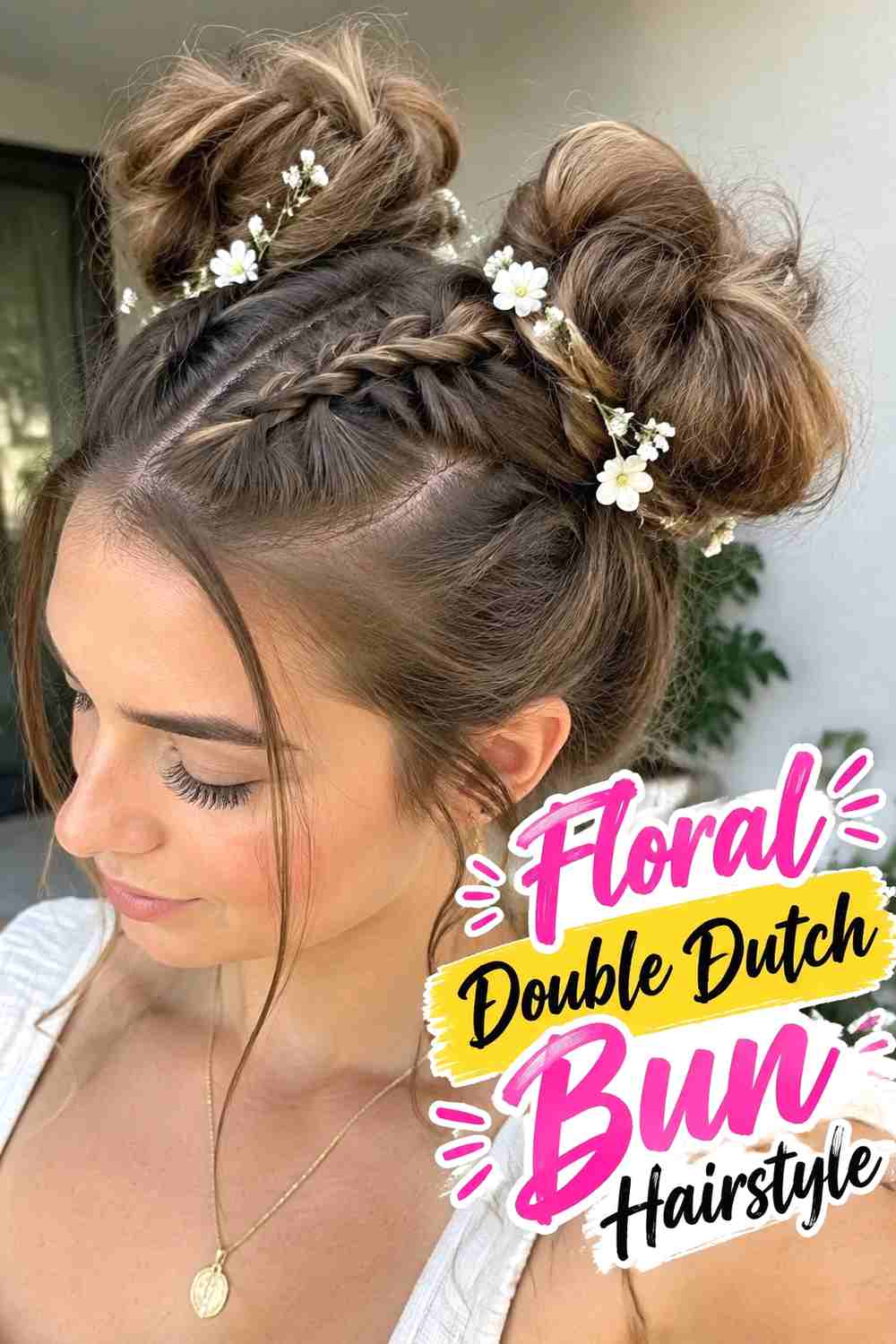 13. Floral Double Dutch Bun Hairstyle