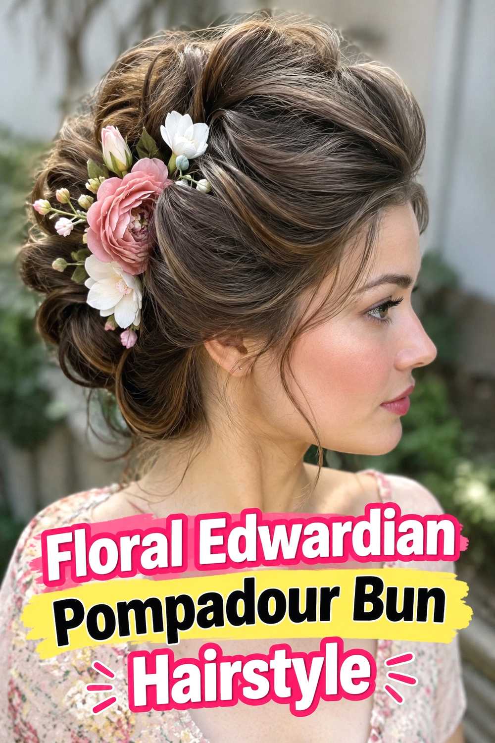 13. Floral Edwardian Pompadour Bun Hairstyle