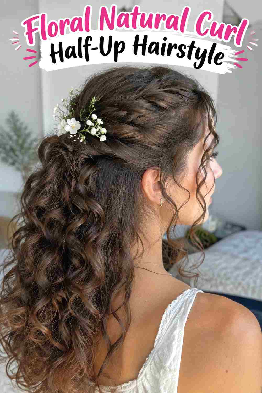 12. Floral Natural Curl Half Up Hairstyle