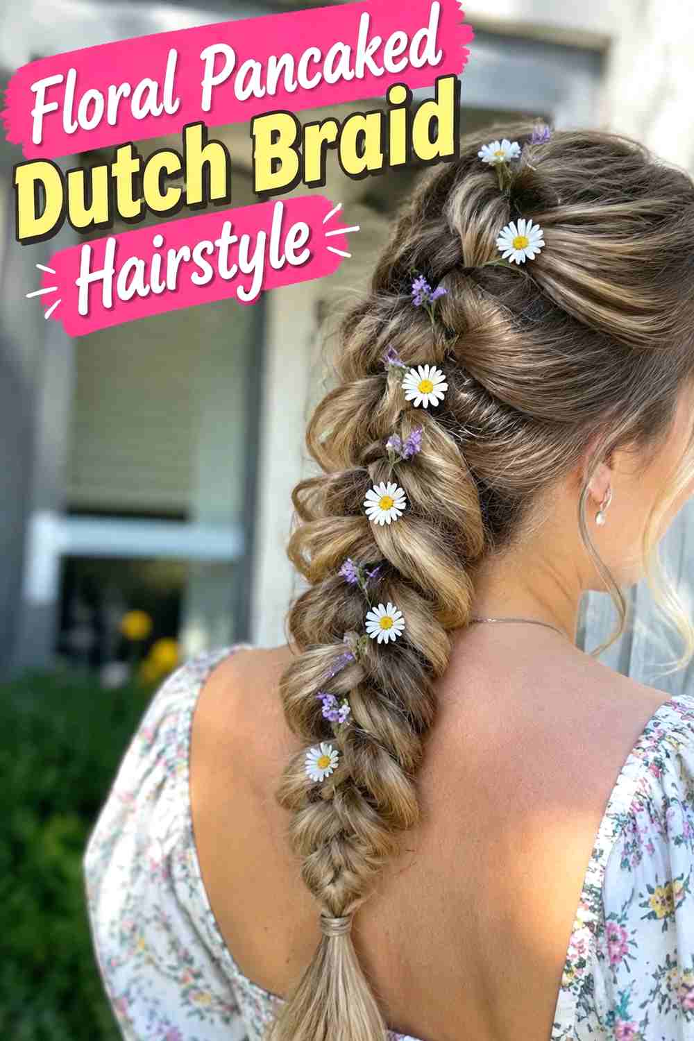 12. Floral Pancaked Dutch Braid Hairstyle