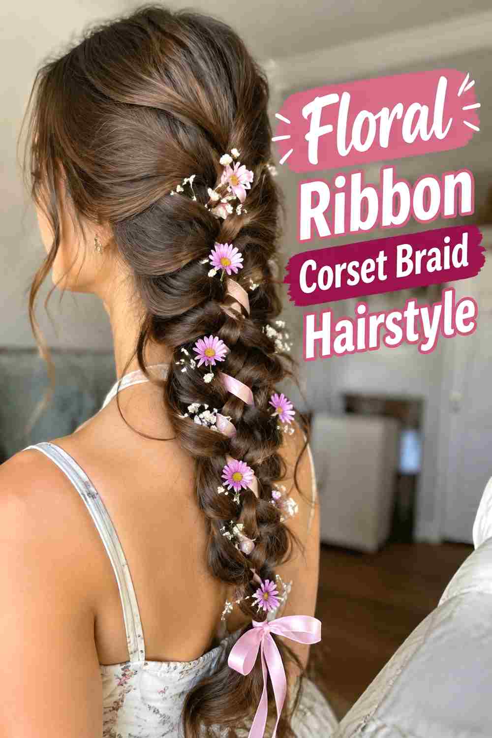 17. Floral Ribbon Corset Braid Hairstyle