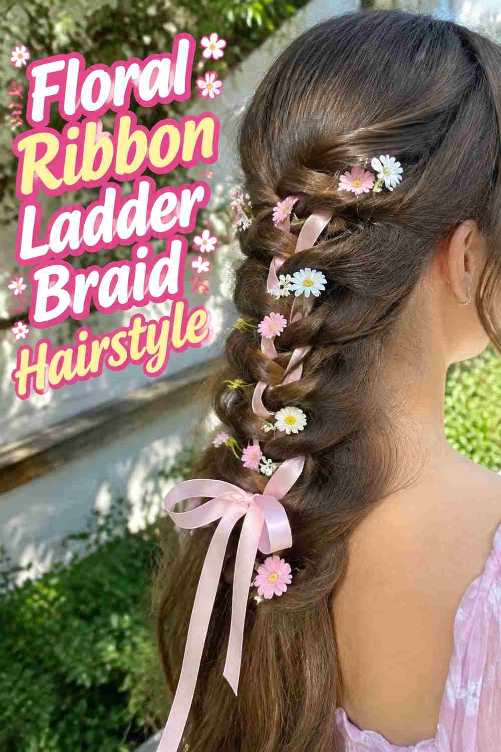 12. Floral Ribbon Ladder Braid Hairstyle