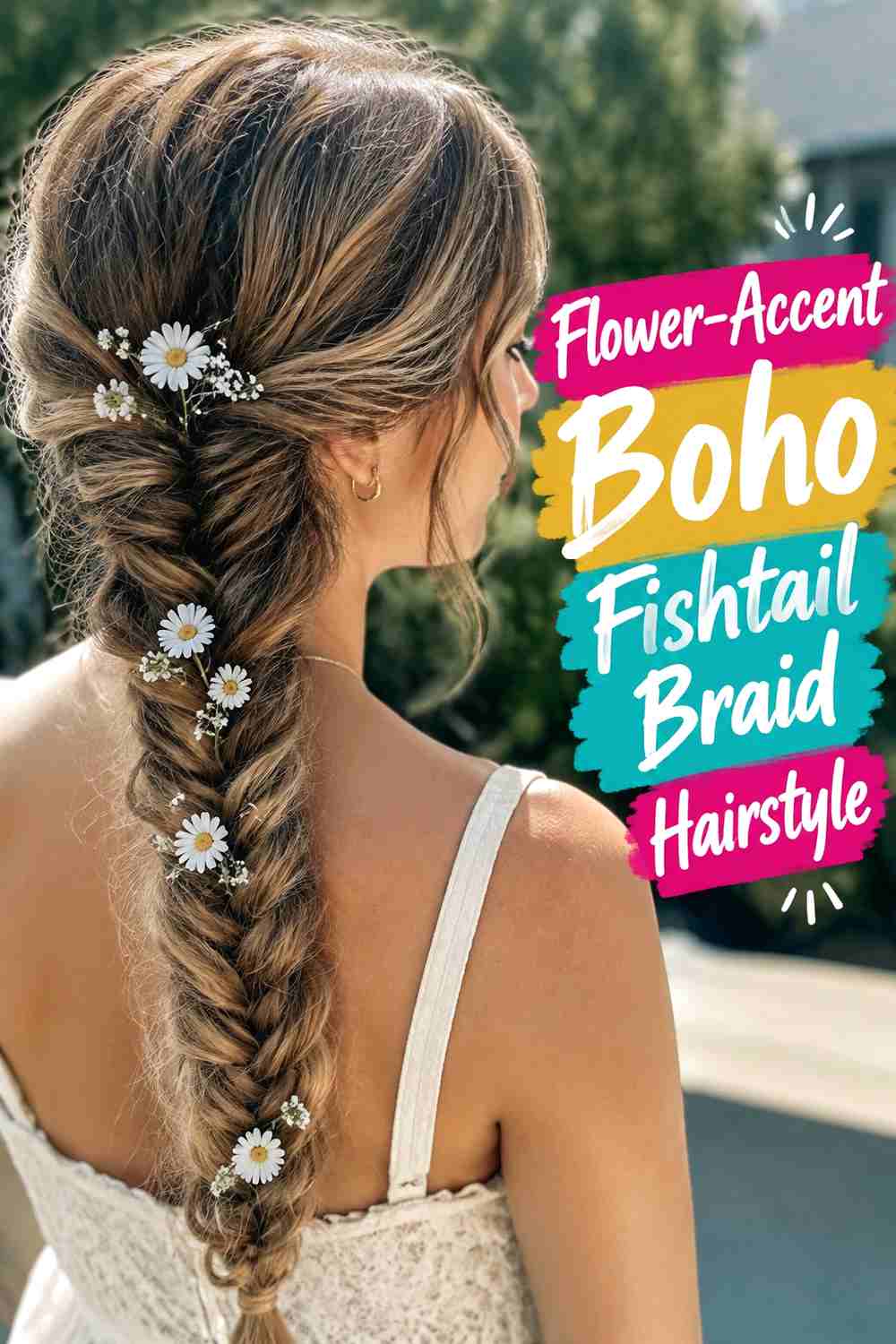 7. Flower Accent Boho Fishtail Braid Hairstyle
