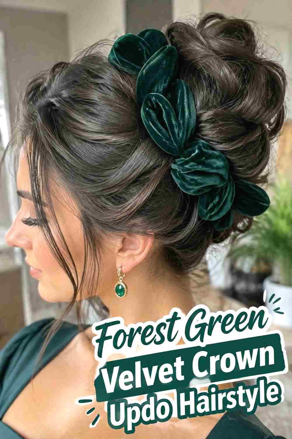 3. Forest Green Velvet Crown Updo Hairstyle
