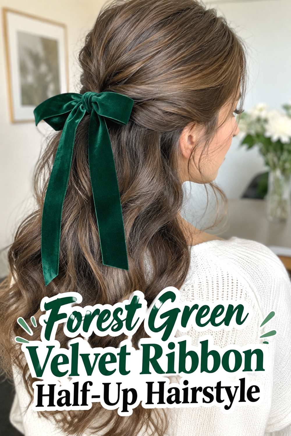 Forest Green Velvet Ribbon Half-Up Hairstyle