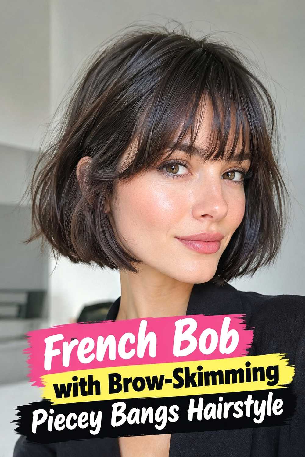 14. French Bob With Brow Skimming Piecey Bangs Hairstyle