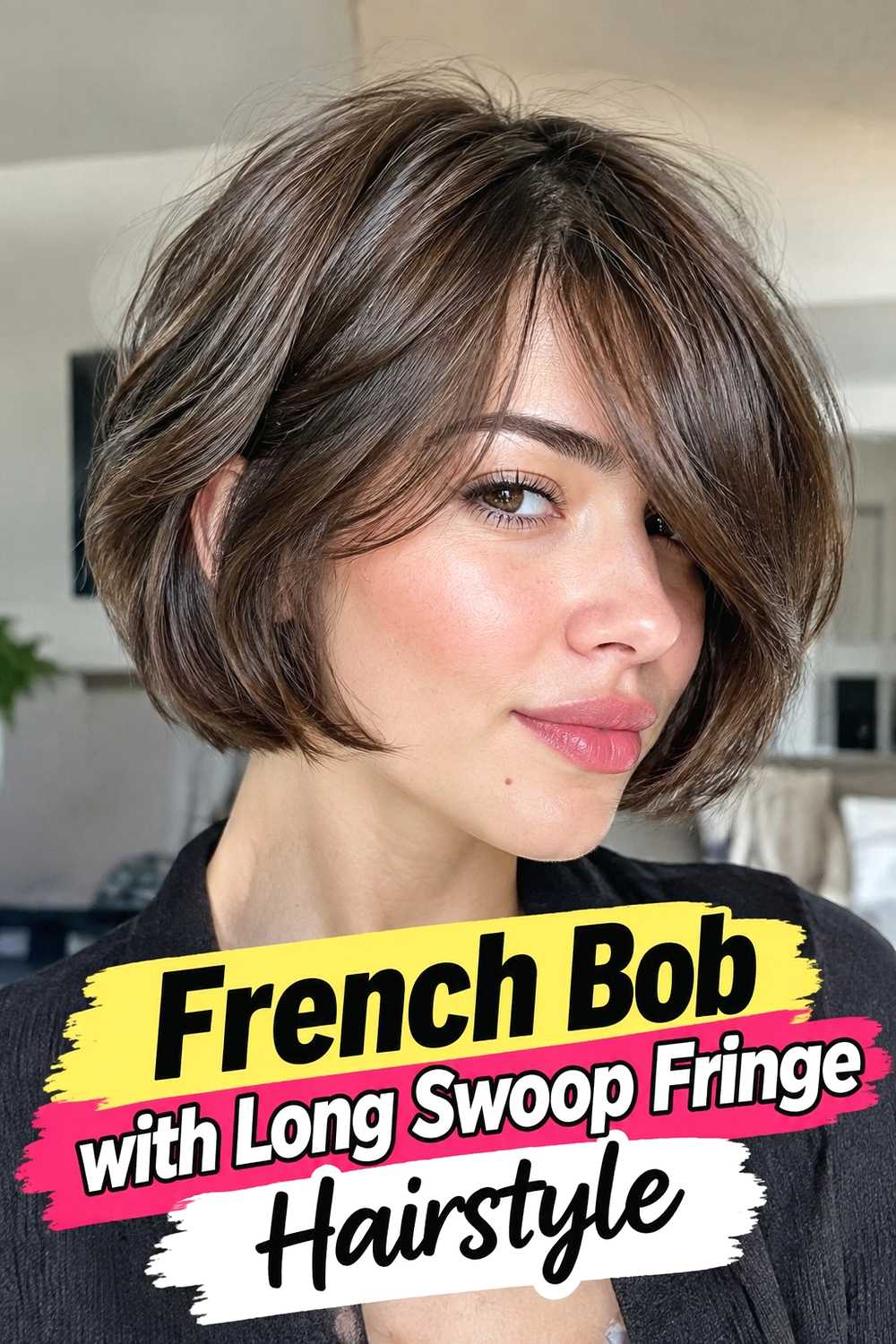 9. French Bob With Long Swoop Fringe Hairstyle