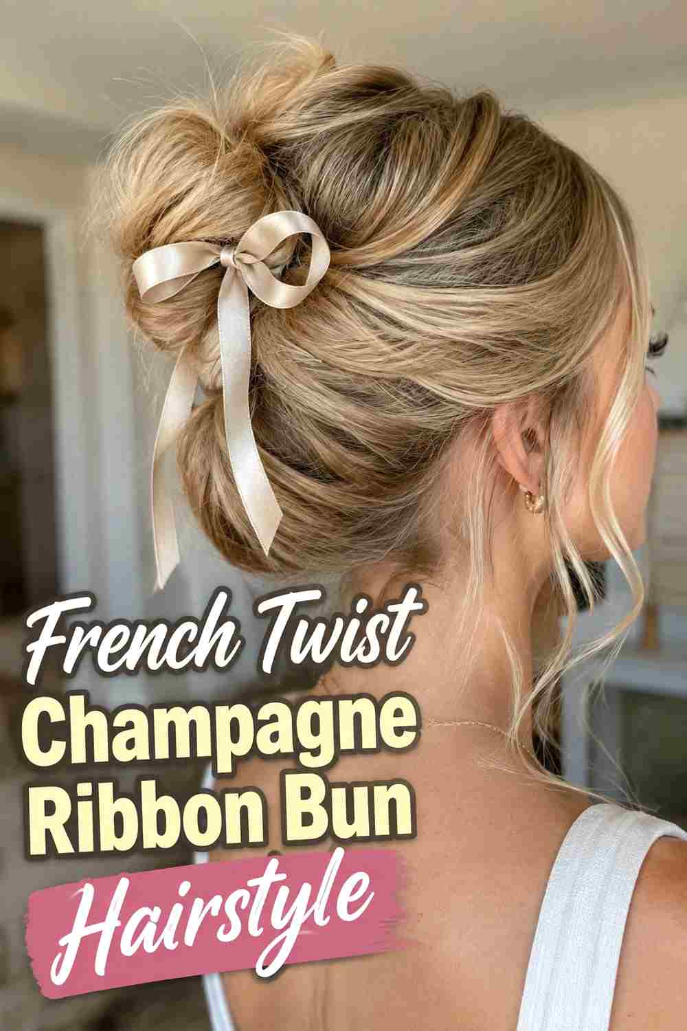 8. French Twist Champagne Ribbon Bun Hairstyle