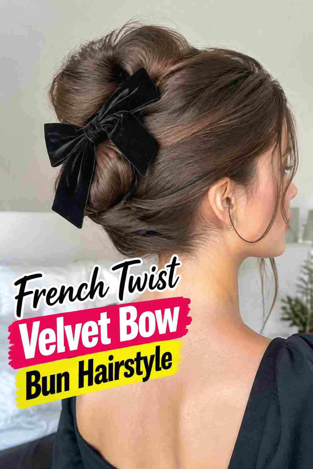 15. French Twist Velvet Bow Bun Hairstyle
