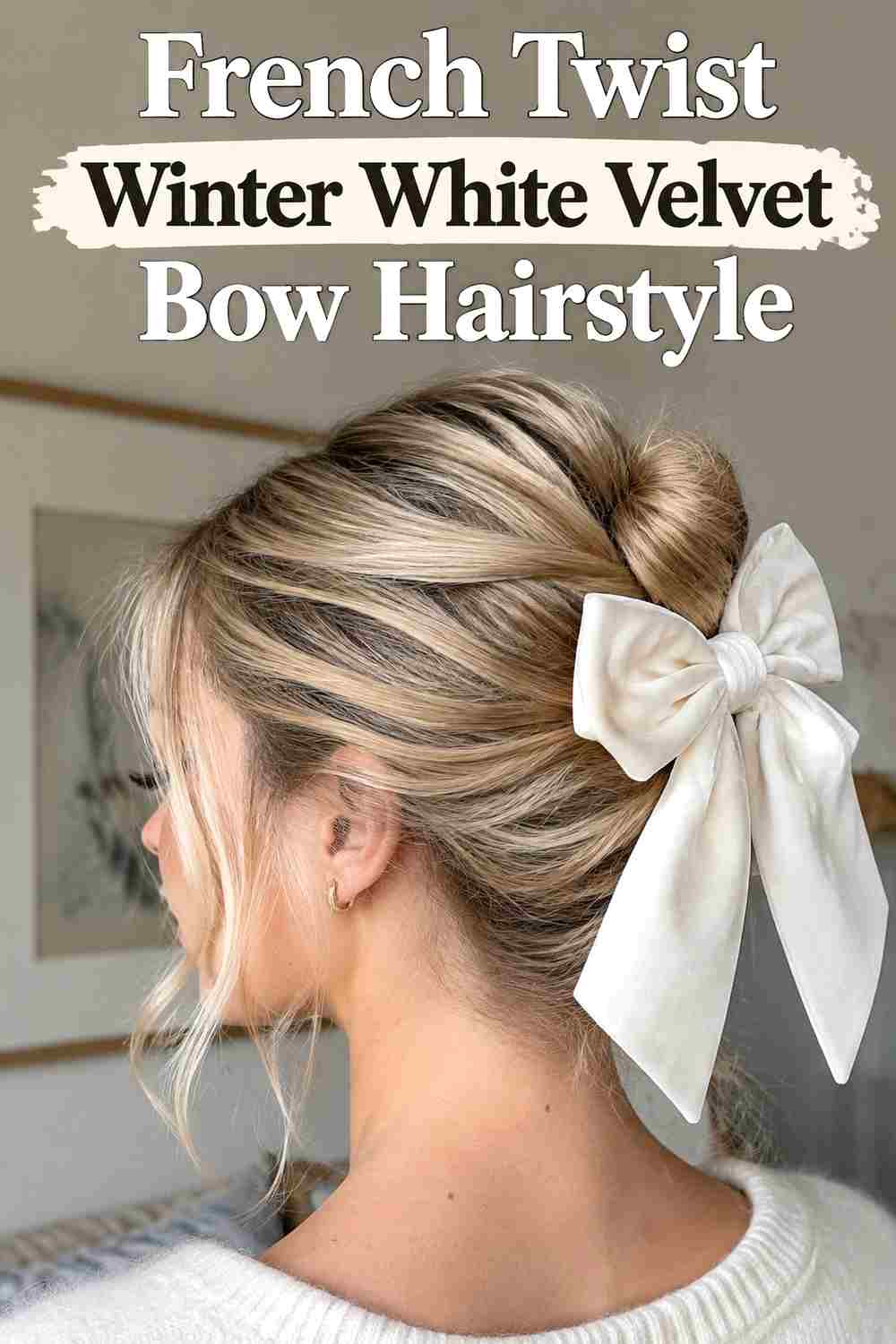 11. French Twist Winter White Velvet Bow Hairstyle
