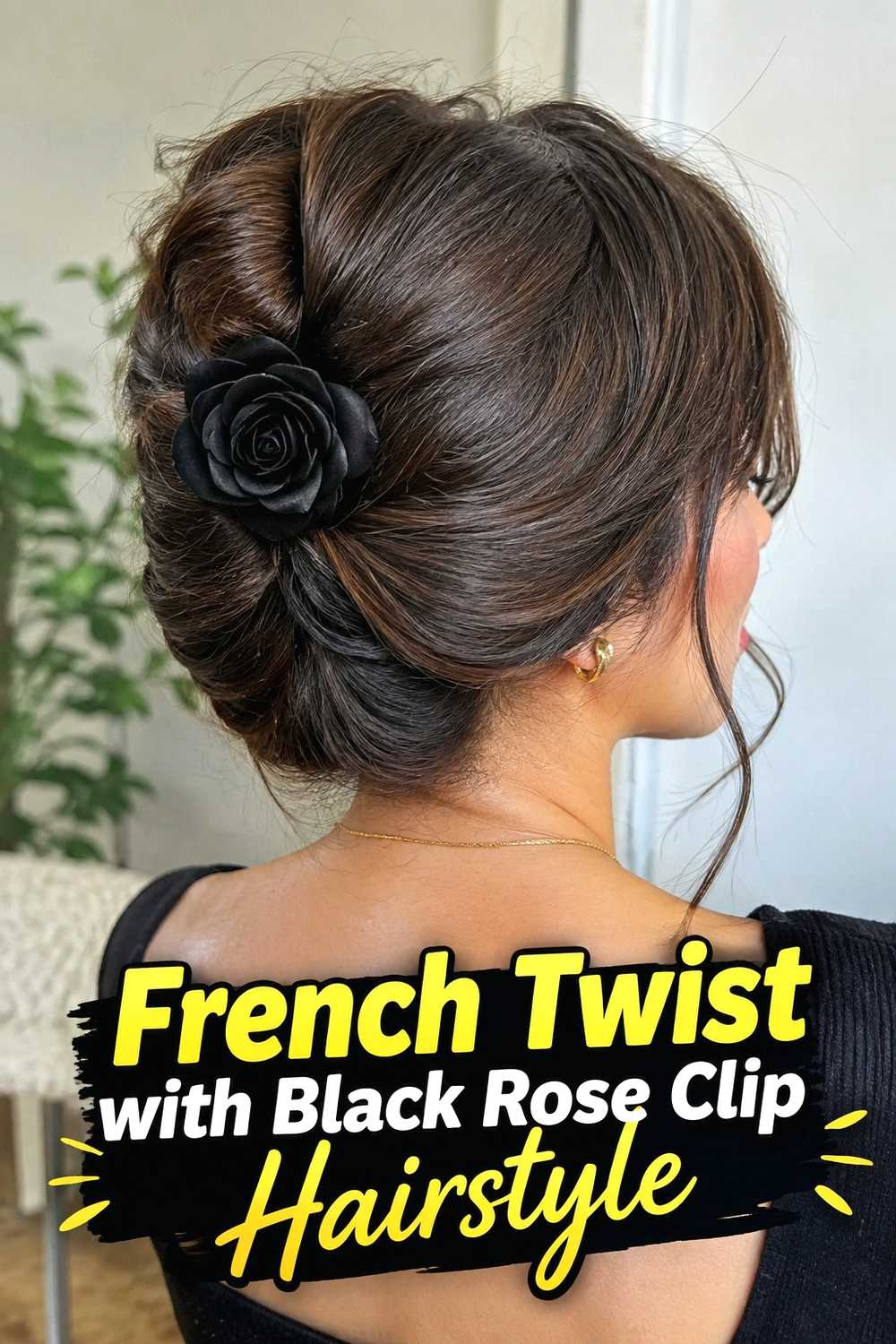 7. French Twist With Black Rose Clip Hairstyle