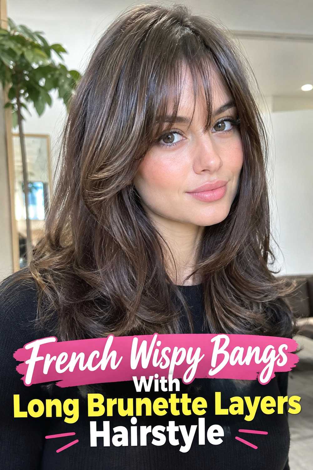 14. French Wispy Bangs With Long Brunette Layers Hairstyle