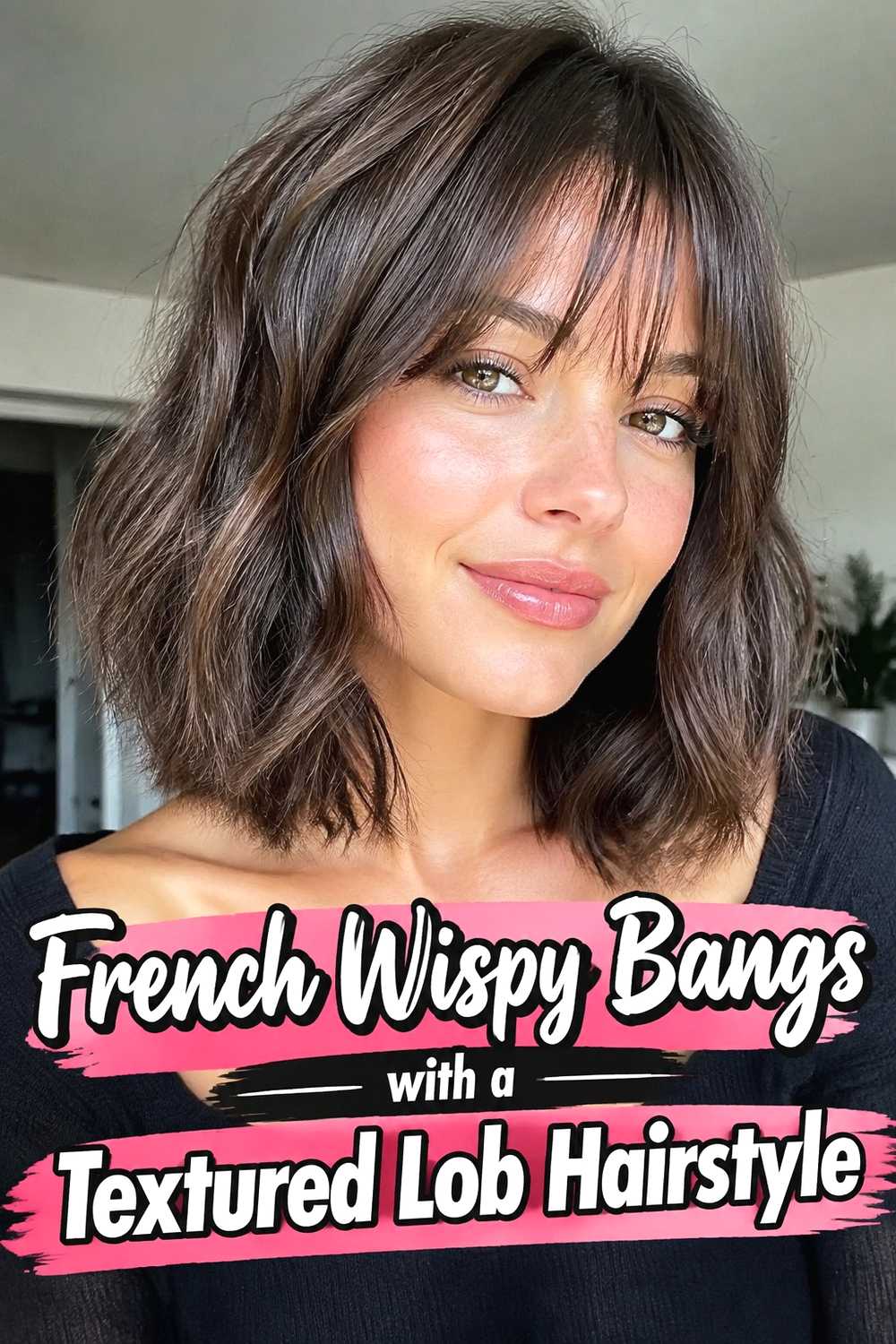 8. French Wispy Bangs With A Textured Lob Hairstyle