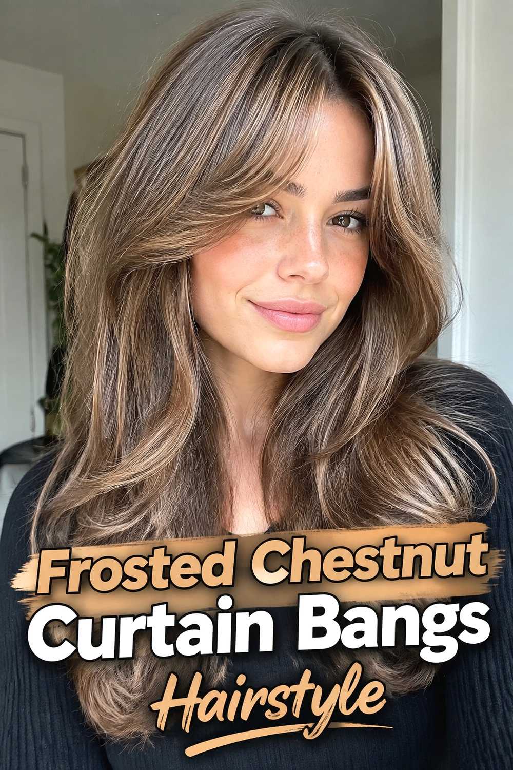 12. Frosted Chestnut Curtain Bangs Hairstyle