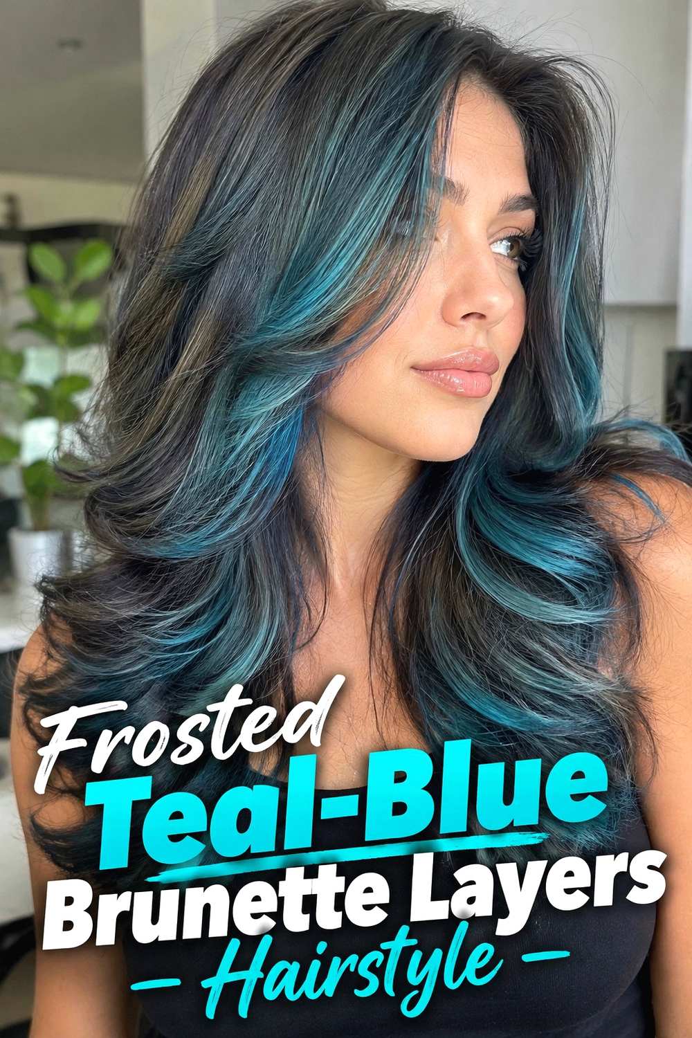 13. Frosted Teal Blue Brunette Layers Hairstyle
