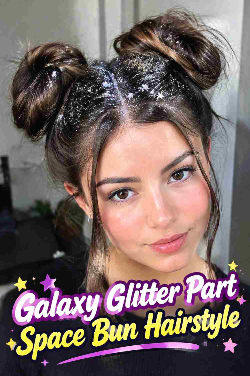 3. Galaxy Glitter Part Space Bun Hairstyle
