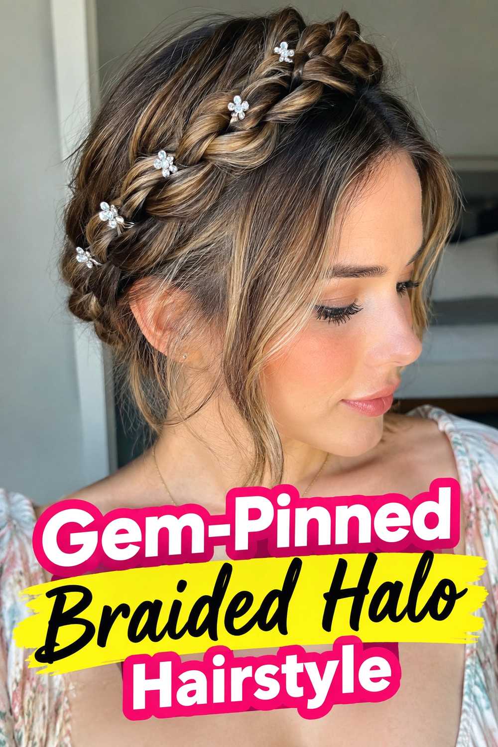 16. Gem Pinned Braided Halo Hairstyle